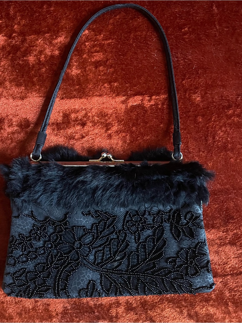 Vintage Black Beaded fur Accent Evening Bag